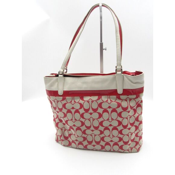 EUC Coach Signature Stripe Tote Bag Style 29426 – Khaki/Red - Picture 2 of 7